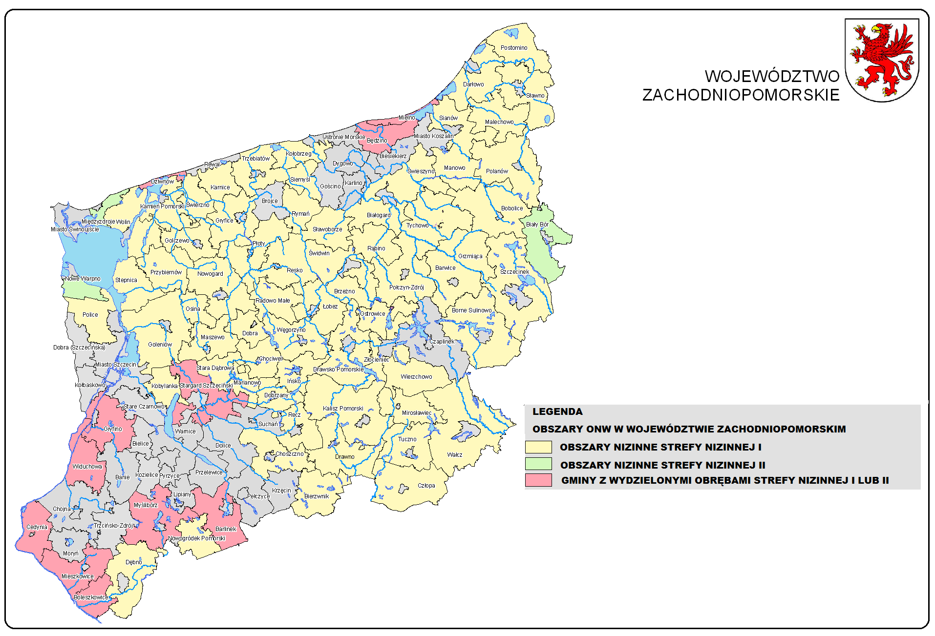 Ryc. 6. Obszary ONW w województwie zachodniopomorskim Źródło: Opracowanie (w strategii) na podstawie załącznika do Rozporządzenia Ministra Rolnictwa i Rozwoju Wsi z dnia 11 marca 2009r.