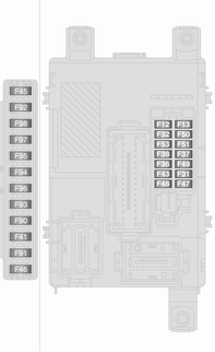 168 Pielęgnacja samochodu Nr Obwód F09 Przełącznik tylnych drzwi F10 Sygnał dźwiękowy F14 Światła drogowe F15 Grzałka PTCI F19 Dmuchawa F20 Ogrzewanie tylnej szyby F21 Pompa paliwa F30 Światła