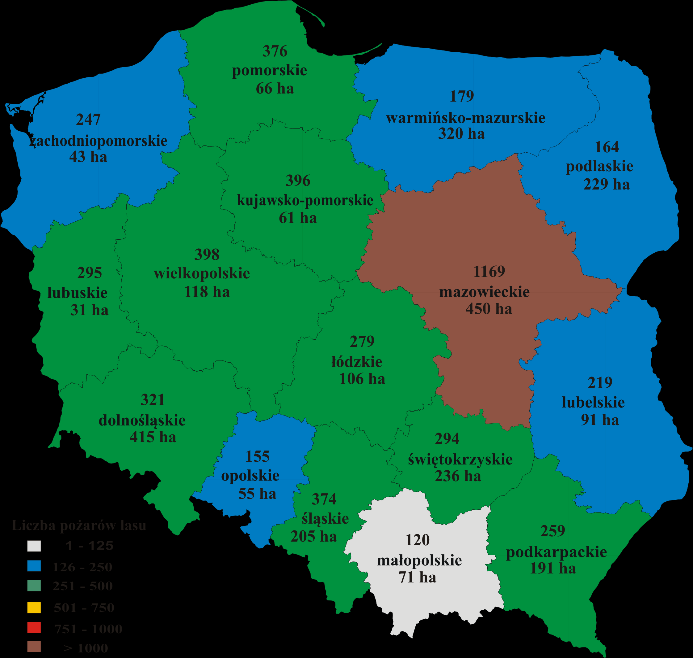 Rycina 9. Liczba pożarów lasu i powierzchnia spalona w poszczególnych województwach w Polsce w 2015 r. Rycina 10.