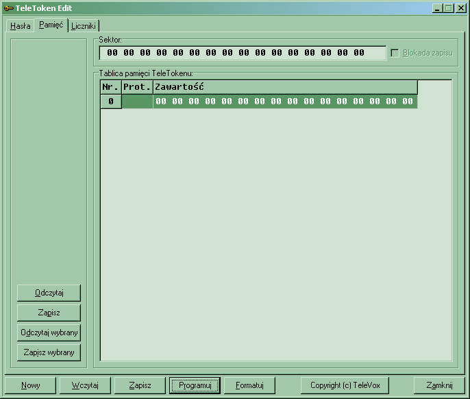 Zakładka "Pamięć" Ramka "Sektor" umoŝliwia edycję sektora pamięci TeleTokenu. Pole "Blokada zapisu" umoŝliwia ustanowienie ochrony przed zapisem dla edytowanego sektora.