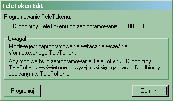 Programowanie TeleTokenu Programowanie słuŝy do wpisania do TeleTokenu ustawionych w projekcie: 1. haseł 2. bitów konfiguracji haseł 3. zawartości pamięci, 4. bitów protekcji pamięci 5.