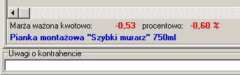 Wyświetlanie marży w fakturach, WZ-tkach kolorowanie ostrzegawcze W stopce faktur sprzedaży, dokumentów wydań ihurt wyświetla informację o marży procentowej i kwotowej ogółem dla całego dokumentu.