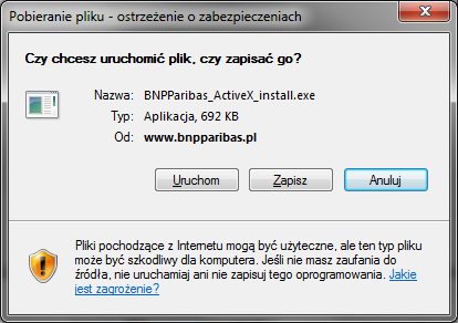 Instalacja komponentu dla przeglądarki Microsoft Internet Explorer Po kliknięciu przycisku "Wygeneruj klucz" na formatce "Zmiana metody logowania i autoryzacja transakcji", przeglądarka - o ile