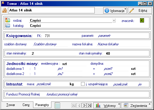Podręcznik użytkownika Sage Symfonia Handel 30 Rys. 12 Towar typu artykuł - strona zawierająca parametry towaru.