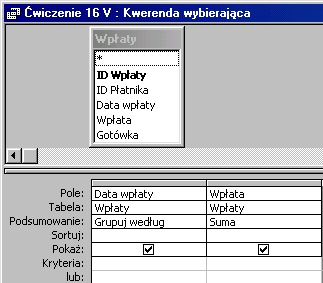 15 z 23 2010-09-17 17:58 V. Utwórz kwerendę dla tabeli Wpłaty. Wprowadź pola: Data wpłaty i Wpłata. Sortuj i grupuj dane dla pola Data wpłaty, podsumowanie Suma pola Wpłata. VI.