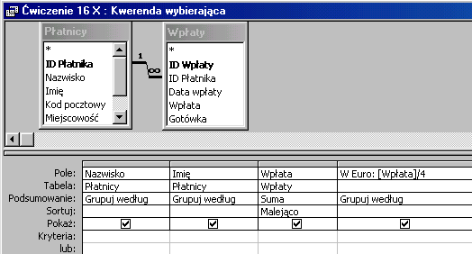 17 z 23 2010-09-17 17:58 X. Utwórz kwerendę dla tabel Płatnicy i Wpłaty. Wprowadź pola: azwisko, Imię oraz Wpłata. Sortuj i grupuj dane dla pierwszych pól, podsumowanie Suma pola Wpłata.