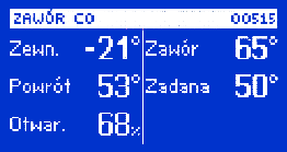 Zawór 2 (wyświetla parametry pracy zaworu drugiego). Ekran serwisowy widok parametrów kotła dostępny wyłącznie po wprowadzeniu kodu serwisowego.