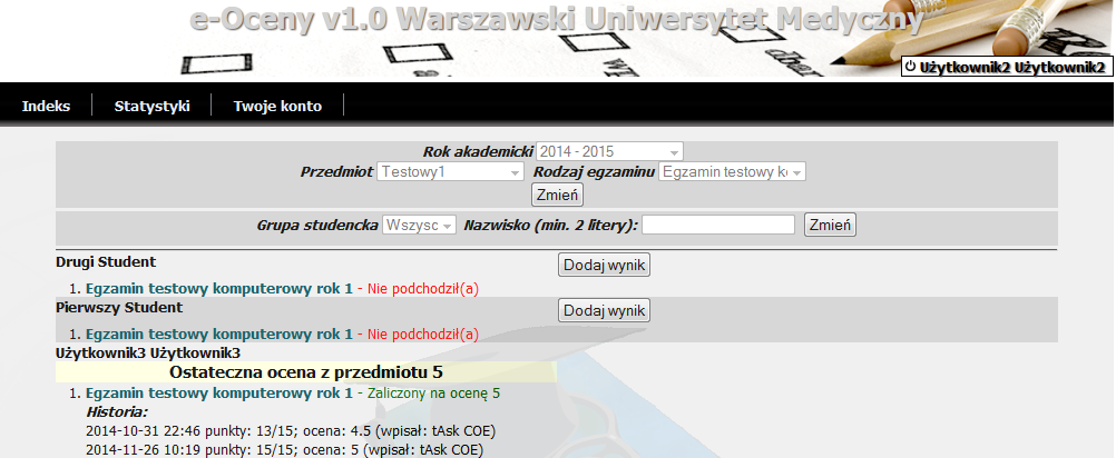 Spowoduje to wyświetlenie dodatkowego paska umożliwiającego wyszukanie ocen dla konkretnego studenta.