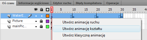 Zmieniamy nazwę warstwy na mainpicture. Klikamy na klatkę nr 1 i z menu podręcznego wybieramy polecenie Kopiuj klatki. Wstawiamy nową warstwę i nazywamy ją Picture.