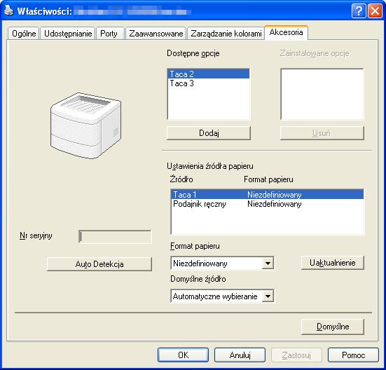Sterownik i oprogramowanie Zakładka Akcesoria 3 Informacja W menu Start wybierz Panel sterowania a następnie Drukarki i faksy 1.