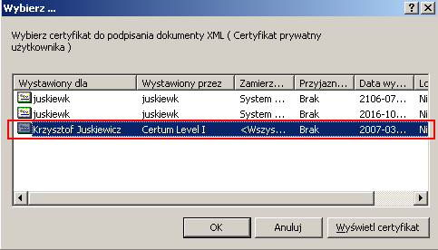 Po usunięciu wszystkich błędów danych w systemie bankowym i przygotowaniu poprawnego pliku XML po kolejnym Sprawdzeniu całego dokumentu XML udostępniona zostanie funkcja Podpisz dokument.