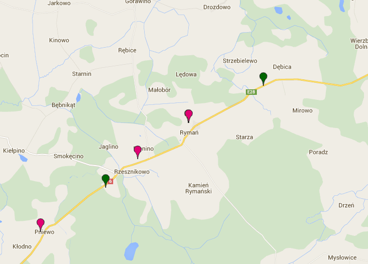 Rysunek 4. Lokalizacja stacji bazowych telefonii komórkowej wokół Rymania Źródło: www.btsearch.pl Monitoring poziomu pól elektromagnetycznych w 2014 objął miejscowość Leszczyn w Gminie Rymań.