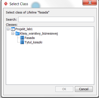 1.20. Należy linie życia obiektów powiązać z klasami z diagramu klas po wybraniu linii życia fasada należy kliknąć prawym klawiszem myszy i wybrać z listy opcję Select Class/Select Class 1.21.