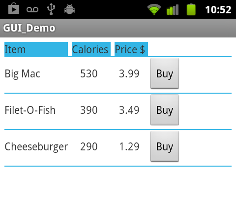 Android - Graphical User Interfaces Table Layout przykład 2 <TableLayout xmlns:android=