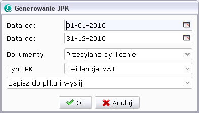 Generuj JPK Opcja służy do wygenerowania JPK w zależności od zadanych parametrów oraz wysłania pliku do bramki Ministerstwa Finansów (MF) lub zapisania pliku XML na dysku.