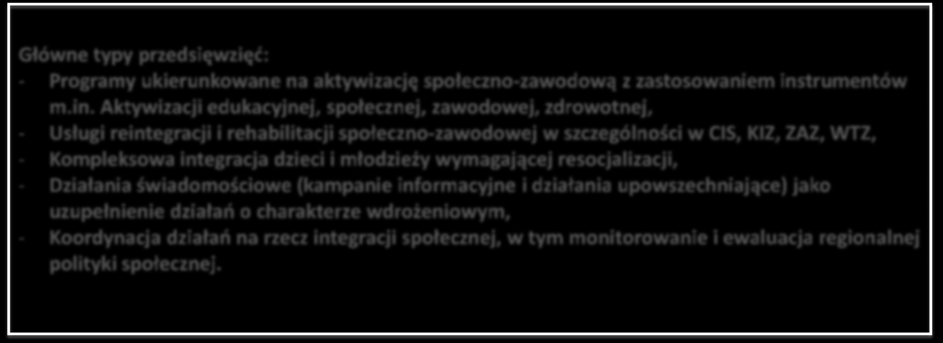 Oś priorytetowa 8 Integracja społeczna 8.2 Włączenie społeczne 17 629 483 Euro Główne typy przedsięwzięć: - Programy ukierunkowane na aktywizację społeczno-zawodową z zastosowaniem ins