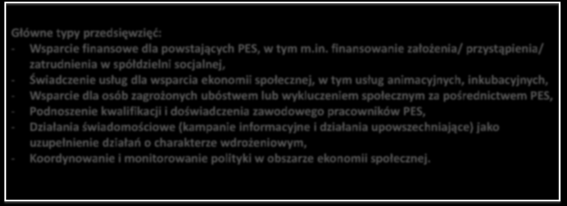 Oś priorytetowa 8 Integracja społeczna 8.3 Wsparcie Podmiotów Ekonomii Społecznej 6 300 000 Euro Główne typy przedsięwzięć: - Wsparcie fina