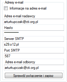 Serwer nazwa serwera MySQL Port port serwera MySQL Baza nazwa bazy danych Username nazwa użytkownika Password hasło użytkownika 3. Wysyłka informacji nt.