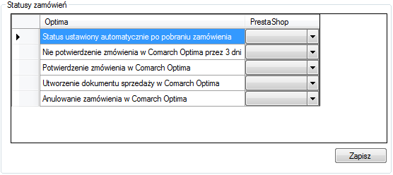 6.1.3. Synchronizacja statusów zamówień W pierwszej kolejności z listy rozwijanej należy wybrać status zamówienia, które będzie importowane do OPTIMY.