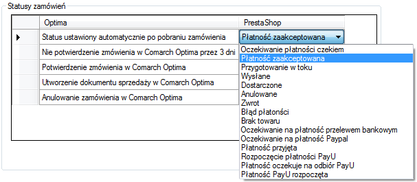 Statusy w OPTIMIE: Status ustawiony automatycznie po pobraniu zamówienia dokument Rezerwacja odbiorcy w buforze Nie potwierdzenie zamówienia w Comarch Optima przez 3 dni dokument Rezerwacja odbiorcy