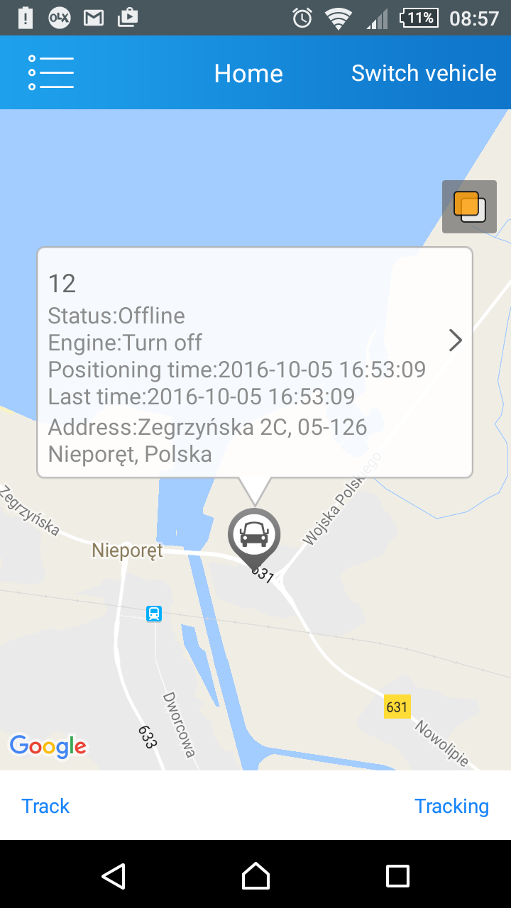 Aplikacja Mobilna 4) Po zalogowaniu na telefonie pokaże się mapa i aktualna pozycja urządzenia zamontowanego w pojeździe - jeśli lokalizator jest aktywny.