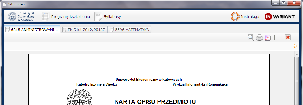 4.2. WYBÓR Z LISTY SYLABUSÓW Jeśli chcemy zobaczyć konkretny sylabus, należy kliknąć go na liście, a następnie kliknąć przycisk. Zostanie wyświetlony sylabus tak jak w sytuacji 1.
