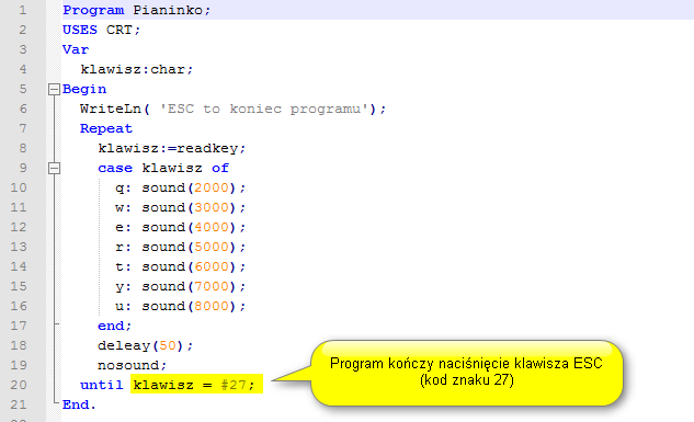II. Dźwięk w PASCALU Dźwięk w PASCALU Program Pianinko pod