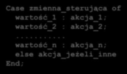 III. Iteracja Wybór wielokrotny Case zmienna_sterująca of wartość_1 : akcja_1; wartość_2 : akcja_2;.