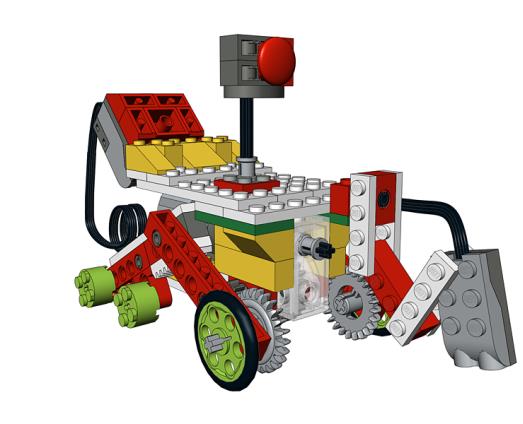 Model statku kosmicznego, w którym ustawienie skrzydeł zależne jest od położenia robota.