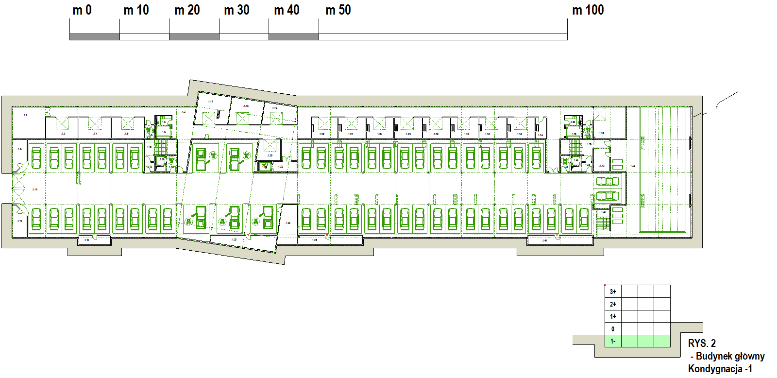 BUDYNEK WIELOFUNKCYJNY, KONDYGNACJA -1 (CAŁKOWICIE ZAGŁĘBIONA W GRUNCIE): PARKING NA 56 MIEJSC POSTOJOWYCH,