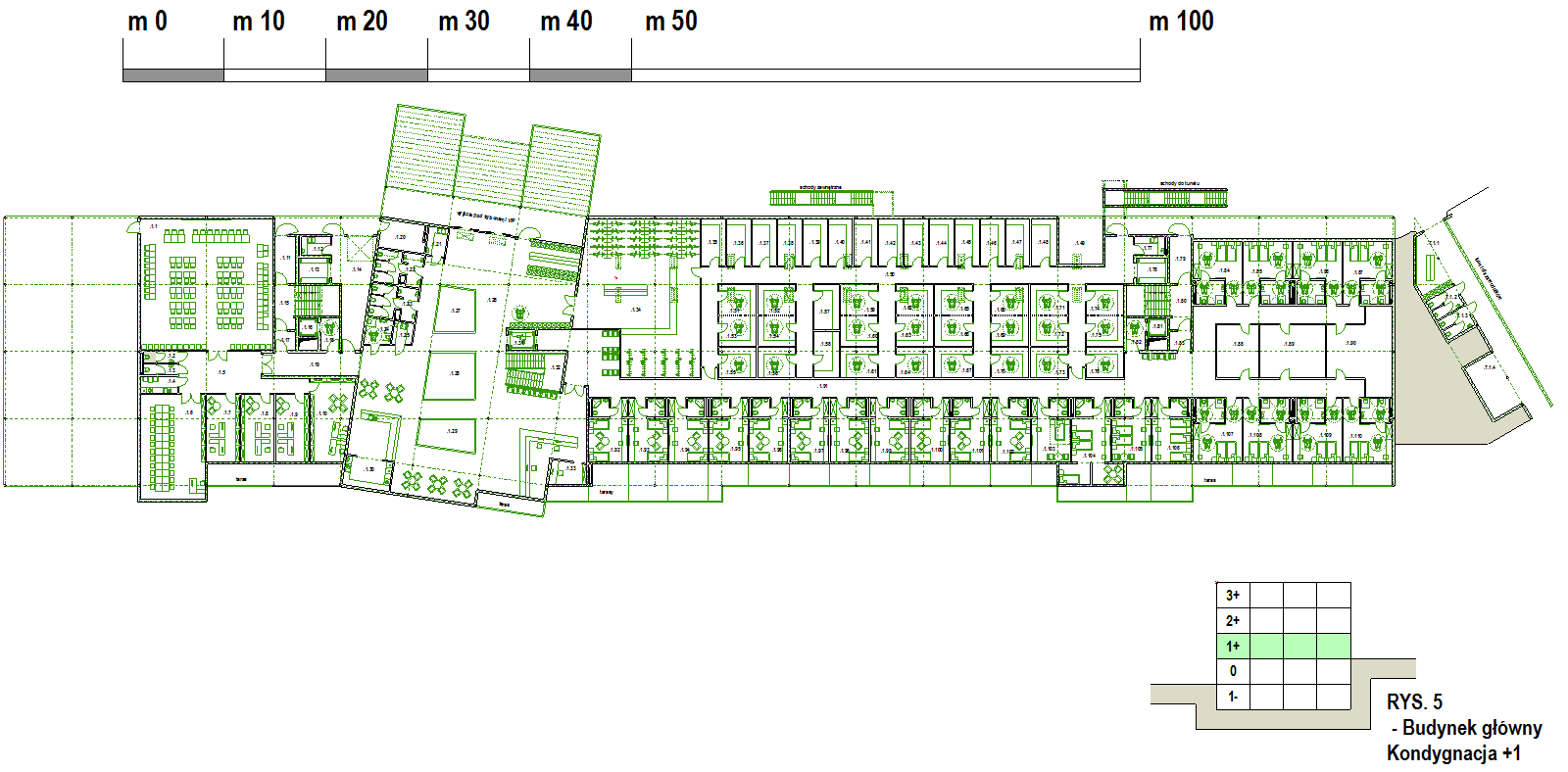 BUDYNEK WIELOFUNKCYJNY, KONDYGNACJA +1 (OD STRONY STADIONU NA POZIOMIE GRUNTU): CZEŚĆ BIUROWA I KONFERENCYJNA, HALL Z WYJŚCIEM NA TEREN STADIONU (W KIERUNKU WIDOWNI), BAR KAWOWY (20 MIEJSC