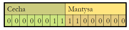 System zmiennopozycyjny Liczba binarna zapisana w postaci cecha mantysa na dwóch bajtach: Cecha Mantysa 0 0 0 0 0 0 1 1 1 1 0 0 0 0 0 0 Tutaj: c = 3, m = - 1.