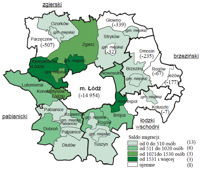 KIERUNKI MIGRACJI W ŁOM 1989-2007 Źródło: US w Łodzi, Próba delimitacji obszaru
