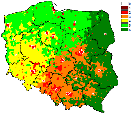 Intensywność oddziaływania funkcji metropolitalnych - identyfikacja obszarów funkcjonalnych pomiar dla wag równych odwróconej odległości od 18 ośrodków regionalnych Legenda : (1) metropolie, (2)