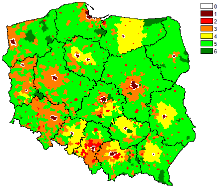 Intensywność oddziaływania funkcji metropolitalnych - pomiar dla wag równych odwróconej uśrednionej odległości od 18 ośrodków regionalnych Legenda : (1) metropolie, (2) gminy mające cechy (3) gminy