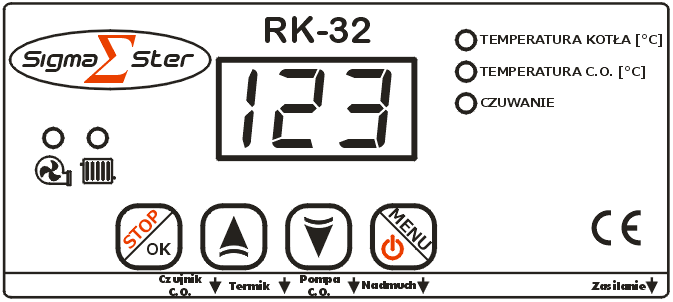 3 Obsługa regulatora 3.1 Panel sterujący Po lewej stronie panelu znajdują się kontrolki sygnalizujące pracę poszczególnych urządzeń: Wentylator nadmuchu Pompa C.O. Krótkie przyciśnięcie powoduje przejście do wyboru parametrów menu głównego.