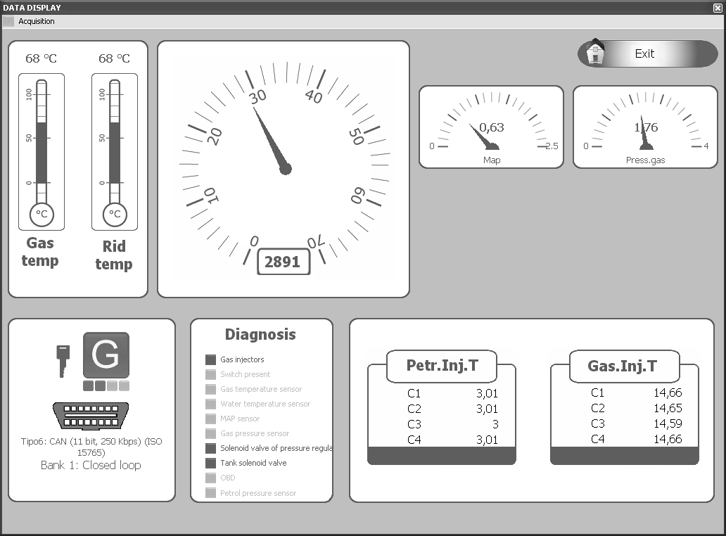 5.2 DATA DISPLAY Menu to przedstawia rzeczywiste parametry pracy pojazdu oraz wszystkich elementów instalacji gazowej, umieszczone na jednej stronie.