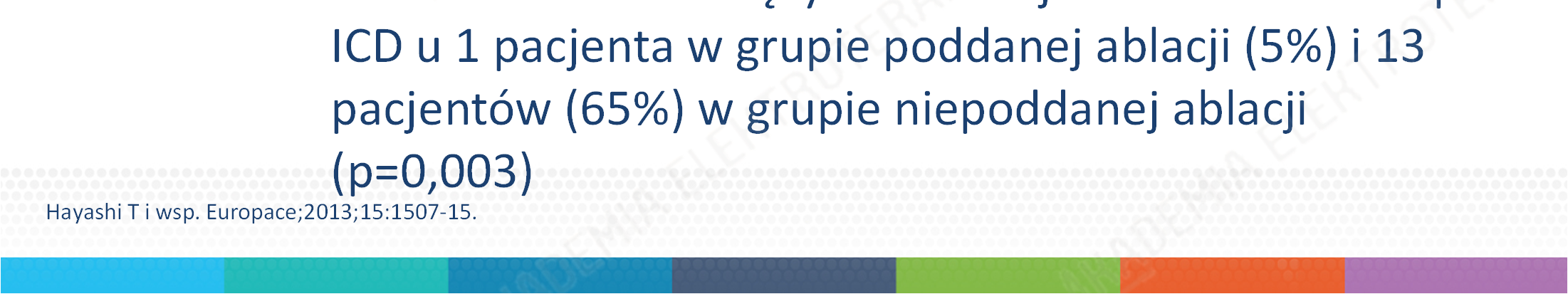 Profilaktyczna ablacja VT Hayashi i wsp. analiza retrospektywna 66 pacjentów z ICD implantowanym w prewencji pierwotnej VT indukowalny w EPS u 38 pacjentów 18 ablacja 20 bez ablacji w czasie śr.