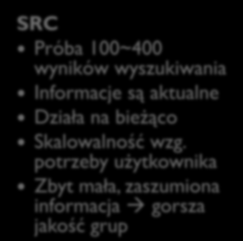 SRC czy grupowanie dokumentów? Grupowanie dokumentów: Miliardy stron; Ich treści ciągle się zmieniają; Skalowalność wzg.