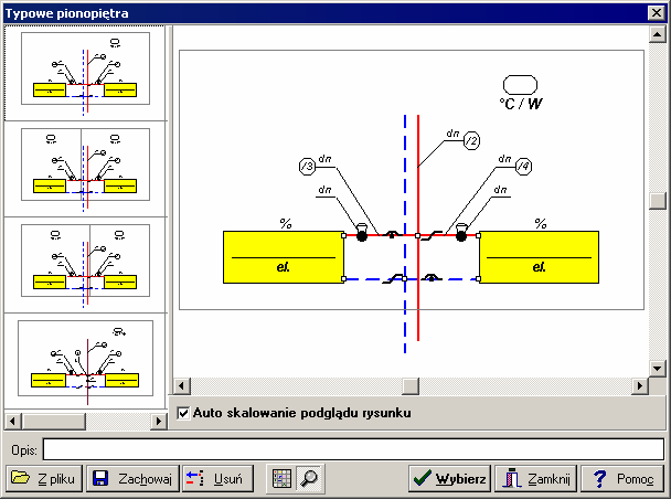Perfexim C.O. 3.8 Dialog z zestawem typowych pionopięter W górnej części dialogu umieszczona jest graficzna lista rysunków oraz okno z powiększonym rysunkiem wskazanym w liście.