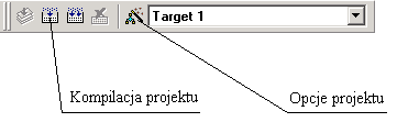 Rys. 7.6. Dodawanie plików do projektu Rys. 7.7. Ikony kompilacji i opcji projektu Po wybraniu zakładki Groups/Add Files w oknie o nazwie Available Groups należy wskazać grupę, do której należy przyłączyć plik.