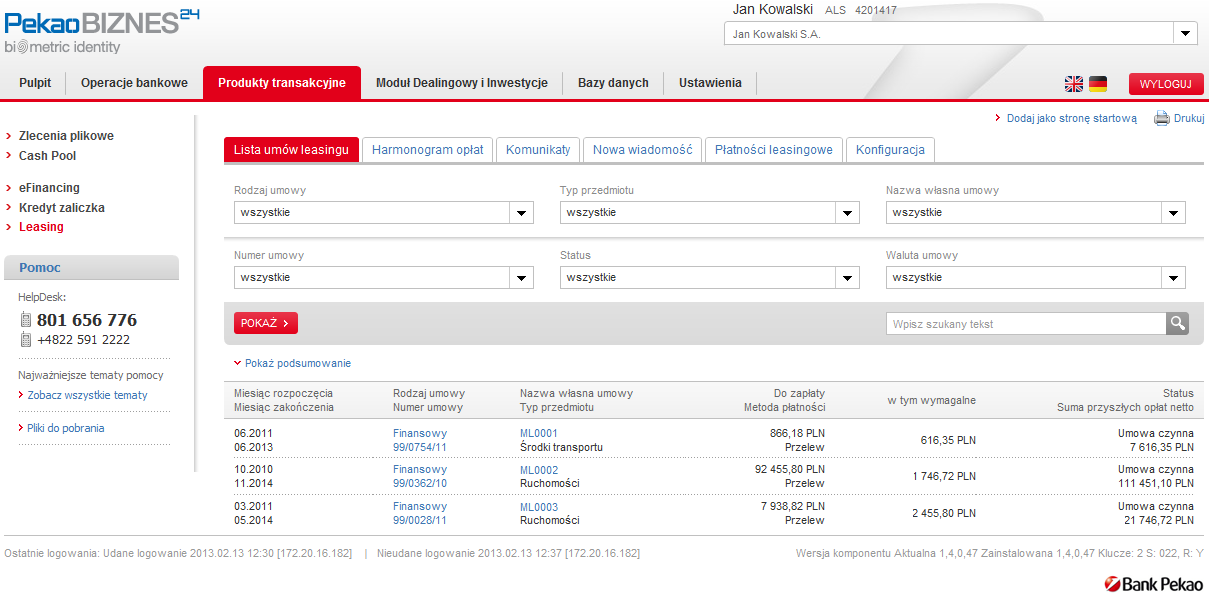 1. WSTĘP Moduł leasingowy jest usługą w ramach bankowości elektronicznej Banku Pekao, która umożliwia przegląd wszystkich umów leasingowych Klienta zawartych z firmą PekaoLEASING.