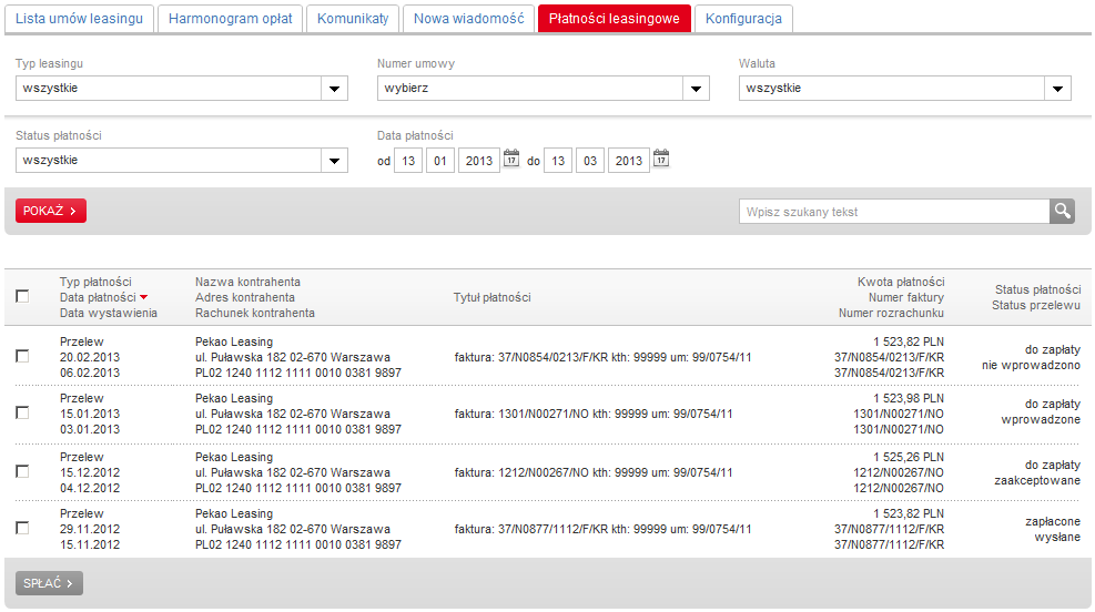 4. PŁATNOŚCI LEASINGOWE W zakładce Płatności leasingowe użytkownik może wyszukać płatności powiązane z umową wykorzystując dostępne filtry.
