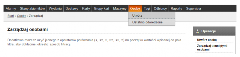16. Osoby W skład zarządzania osobami wchodzą następujące czynności: przegląd listy aktywnych osób, zmiana liczby i układu kolumn w tabeli (dostępne w module VIP), filtrowanie listy osób według