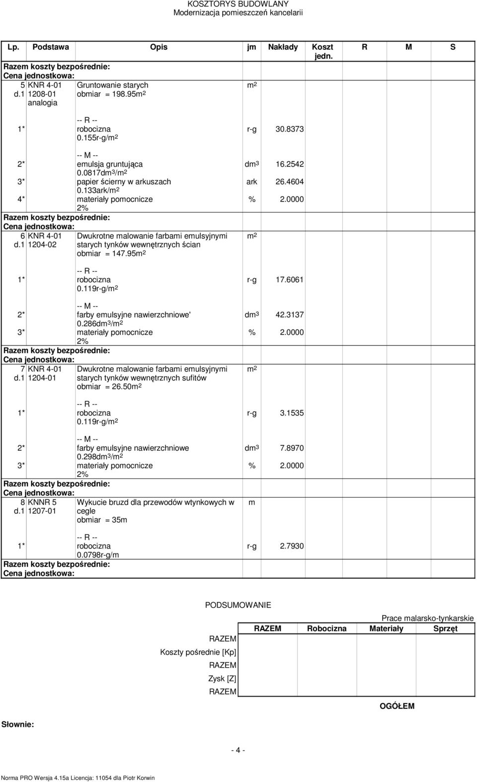 3137 2* farby emulsyjne nawierzchniowe' 0.286dm 3 / % 2.0000 2% 7 KNR 4-01 d.1 1204-01 Dwukrotne malowanie farbami emulsyjnymi starych tynków wewnętrznych sufitów obmiar = 26.50 0.119r-g/ r-g 3.