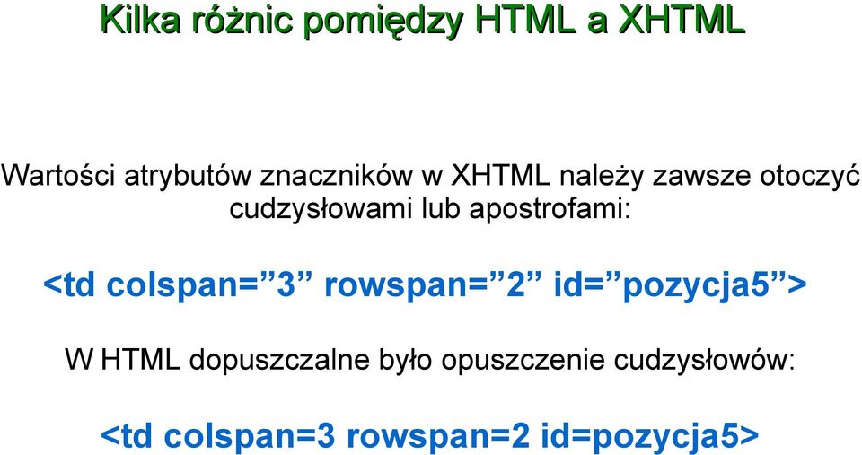 apostrofami: <td colspan= 3 rowspan= 2 id= pozycja5 > W HTML