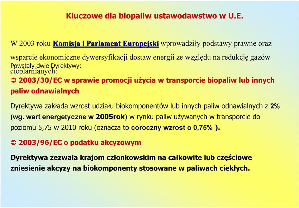 Dyrektywy: cieplarnianych: 2003/30/EC w sprawie promocji użycia w transporcie biopaliw lub innych paliw odnawialnych Dyrektywa zakłada wzrost udziału biokomponentów lub innych