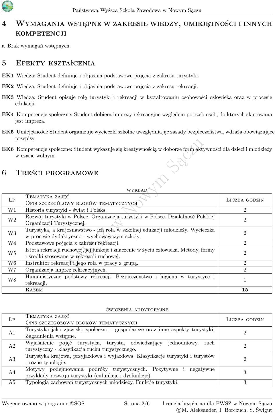 EK Kompetencje spo leczne: Student dobiera imprezy rekreacyjne względem potrzeb osób, do których skierowana jest impreza.