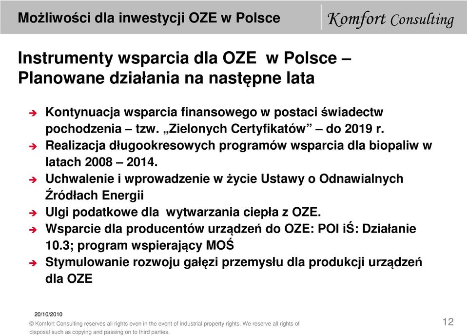 Uchwalenie i wprowadzenie w życie Ustawy o Odnawialnych Źródłach Energii Ulgi podatkowe dla wytwarzania ciepła z OZE.