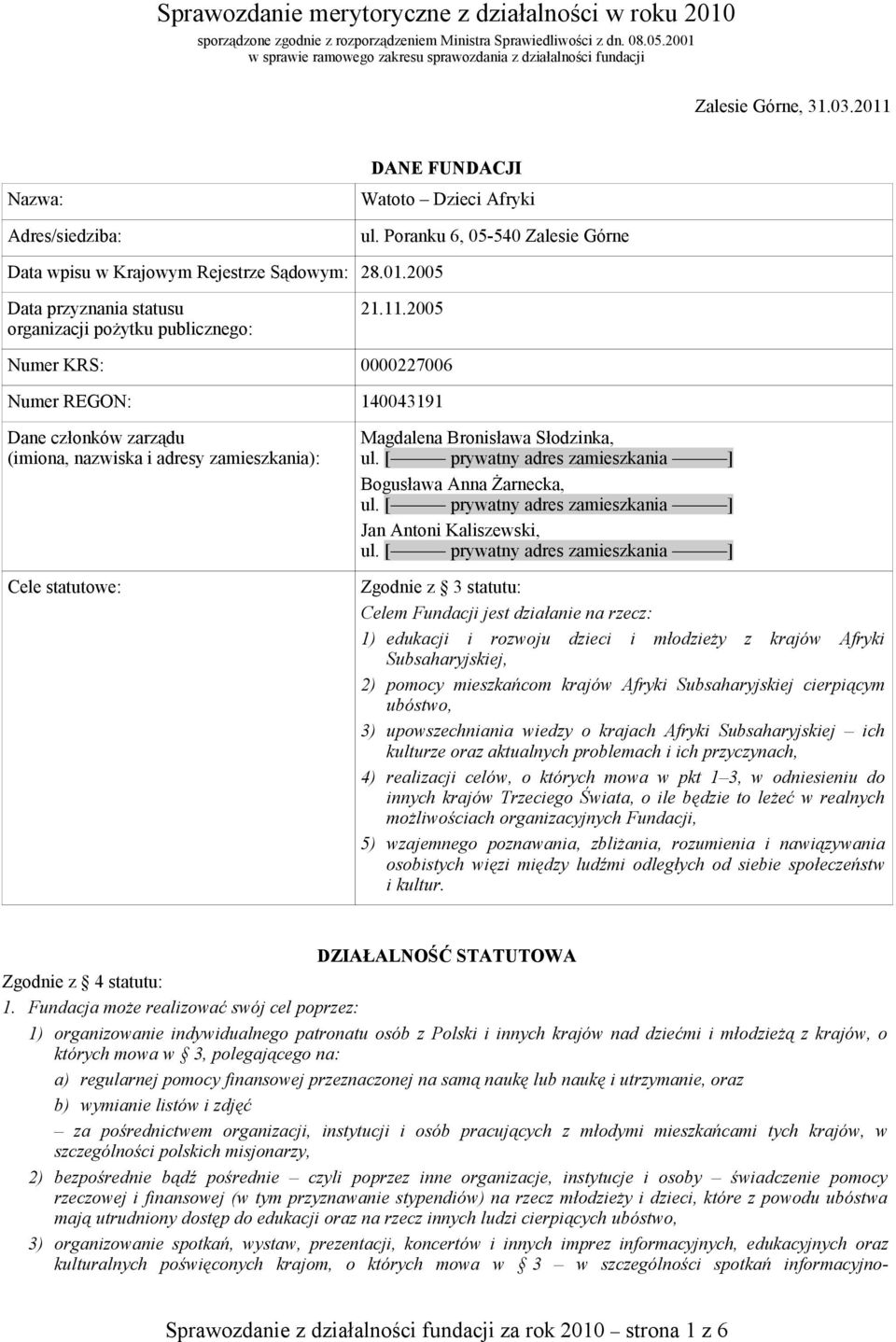 Poranku 6, 05-540 Zalesie Górne Data wpisu w Krajowym Rejestrze Sądowym: 28.01.2005 Data przyznania statusu organizacji pożytku publicznego: 21.11.